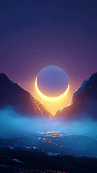 A stunning 4K wallpaper depicting the first light of dawn illuminating a mist-covered valley beneath a glowing full moon. Soft lunar light reflects off the fog, casting ethereal shadows across the quiet landscape of rolling hills and distant peaks.
