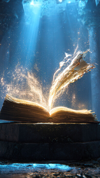 An ancient, tattered spellbook lies open amidst the ruins of a forgotten place, its pages glowing with faint, mystical symbols, hinting at powerful magic once contained within.