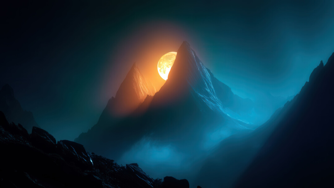 A mystical night landscape featuring rugged mountains bathed in the ethereal glow of a large, bright moon setting between their peaks, casting a serene and atmospheric light over the scene.