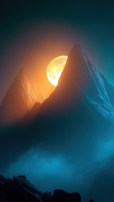 A mystical night landscape featuring rugged mountains bathed in the ethereal glow of a large, bright moon setting between their peaks, casting a serene and atmospheric light over the scene.