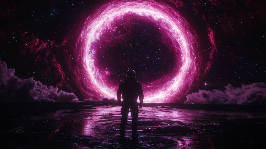 An immersive wallpaper captures a lone space traveler standing on an alien planet's horizon, gazing at a breathtaking cosmic vista filled with swirling nebulae and distant stars, hinting at an epic interstellar journey.