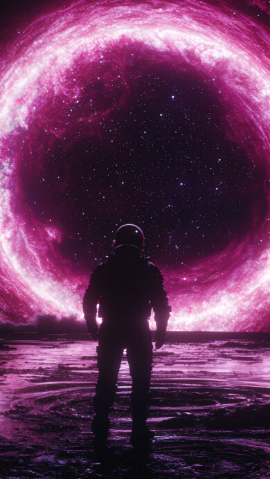 An immersive wallpaper captures a lone space traveler standing on an alien planet's horizon, gazing at a breathtaking cosmic vista filled with swirling nebulae and distant stars, hinting at an epic interstellar journey.