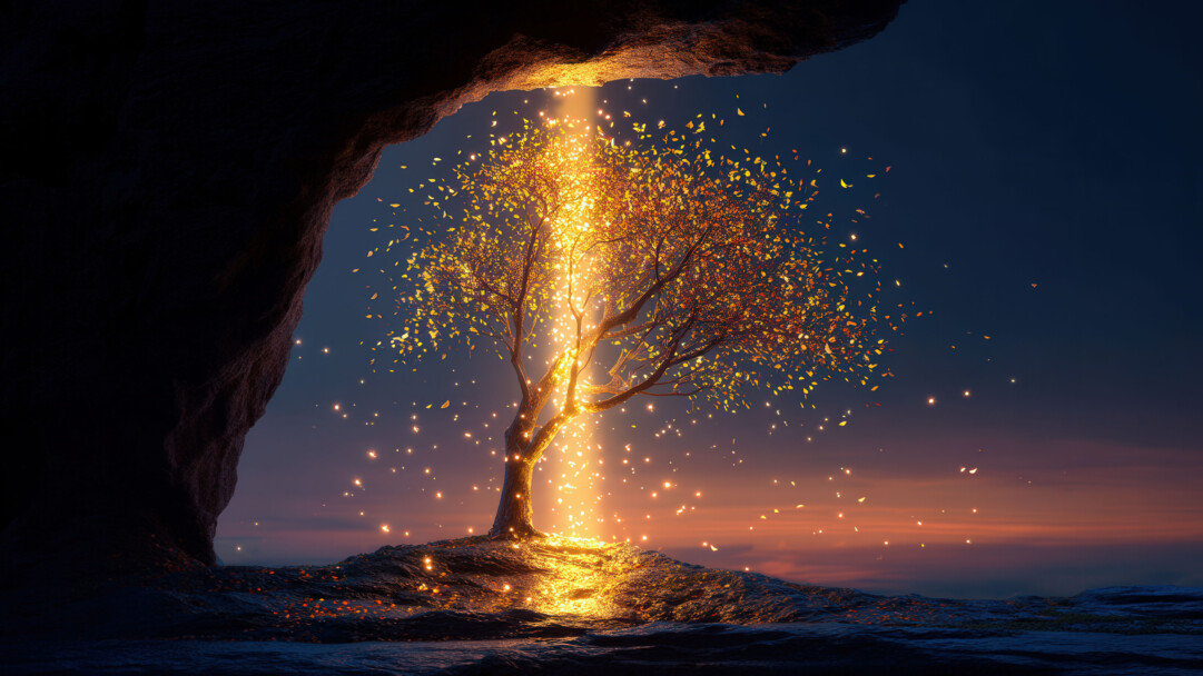 A mesmerizing scene features a tree bathed in sparkling, ethereal light, its branches illuminated against a dark, mysterious background, creating an enchanting and serene glow.