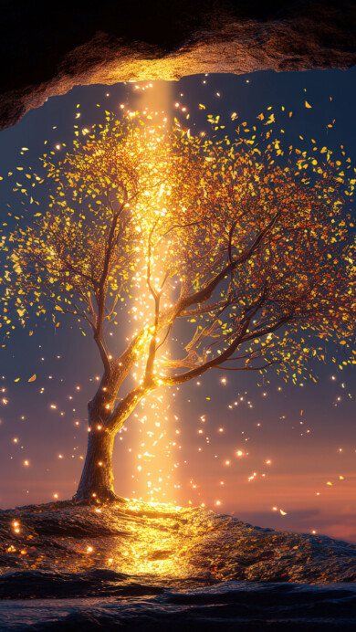 A mesmerizing scene features a tree bathed in sparkling, ethereal light, its branches illuminated against a dark, mysterious background, creating an enchanting and serene glow.
