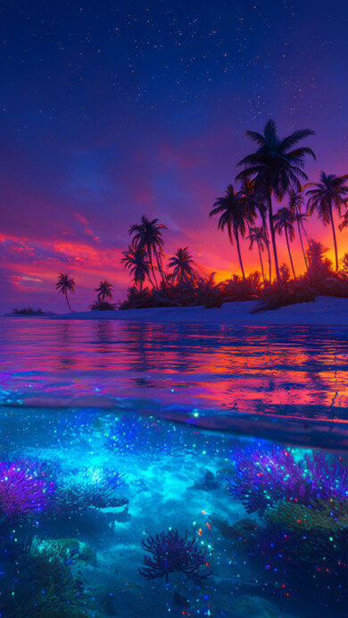 A stunning 4K wallpaper featuring a luminous tropical paradise glowing under a magical sunset. Vibrant palm trees sway gently above crystal-clear waters, while the sky radiates with hues of orange, pink, and violet, casting a warm, dreamlike glow over the entire scene.