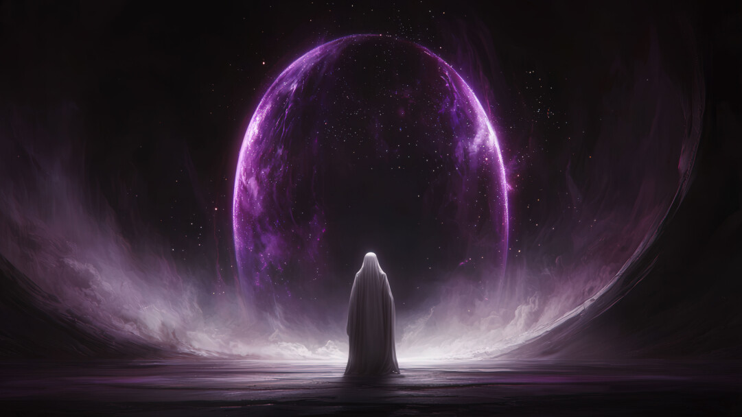 A mystical digital artwork depicting a lone, white-robed figure standing before a colossal, shimmering purple cosmic gate. The gate radiates energy into the dark expanse of space, dotted with distant stars, while ethereal purple mist swirls around the figure's feet.