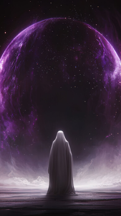 A mystical digital artwork depicting a lone, white-robed figure standing before a colossal, shimmering purple cosmic gate. The gate radiates energy into the dark expanse of space, dotted with distant stars, while ethereal purple mist swirls around the figure's feet.