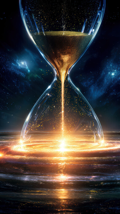 A mesmerizing wallpaper features a giant hourglass, its bulbs filled with swirling galaxies and countless stars, set against a backdrop of deep cosmic dust and nebulae. Light years of creation and destruction flow like sand, emphasizing the vastness and transient beauty of the universe within its confines.