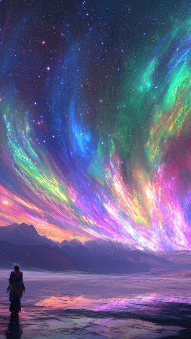 A stunning 4K wallpaper featuring two lone wanderers standing beneath a vast galactic sky, illuminated by the glow of the Milky Way. Towering silhouettes of mountains frame the scene as countless stars stretch across the heavens, evoking a sense of wonder, solitude, and cosmic exploration.