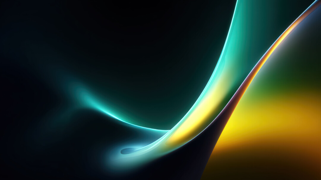 A captivating abstract wallpaper showcasing a luminous flow of colorful light against a deep black background. A graceful, silk-like wave swirls across the composition, glowing with a brilliant spectrum that transitions smoothly from a cool teal and neon cyan into a warm, radiant yellow and rich orange.