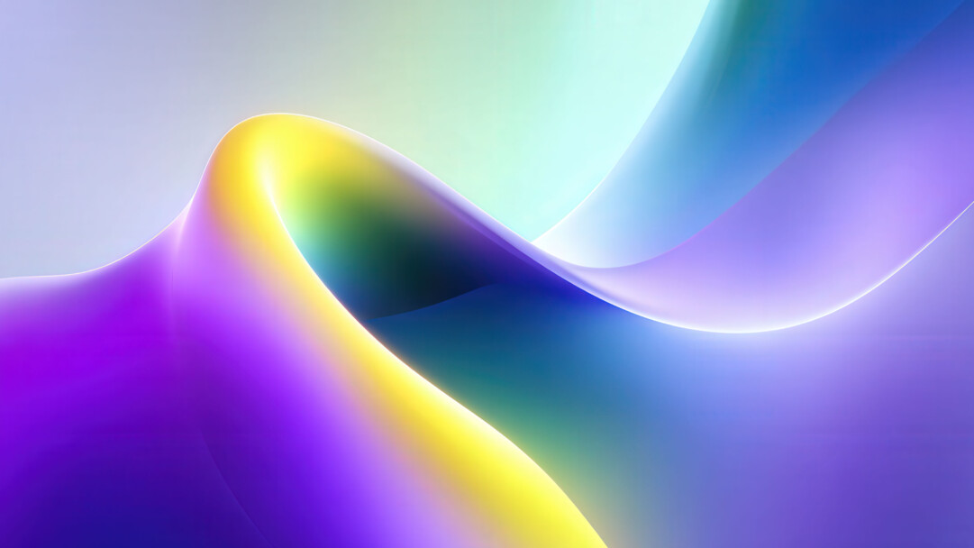 A vibrant 4K wallpaper showcasing smooth, colorful abstract curves flowing dynamically across a soft gradient background. Bright glowing edges highlight the graceful forms and the fluid interplay of purple, yellow, blue, and green gradient hues creates a sense of depth.