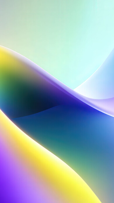 A vibrant 4K wallpaper showcasing smooth, colorful abstract curves flowing dynamically across a soft gradient background. Bright glowing edges highlight the graceful forms and the fluid interplay of purple, yellow, blue, and green gradient hues creates a sense of depth.