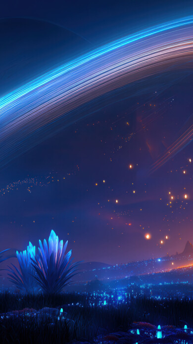 A fantastical sci-fi landscape depicting an alien meadow at night, filled with formations of glowing blue crystal that resemble exotic plants. A massive, luminous ringed planet dominates the celestial view in the sky above, while a warm orange glow emanates from the distant horizon in this captivating fantasy world.
