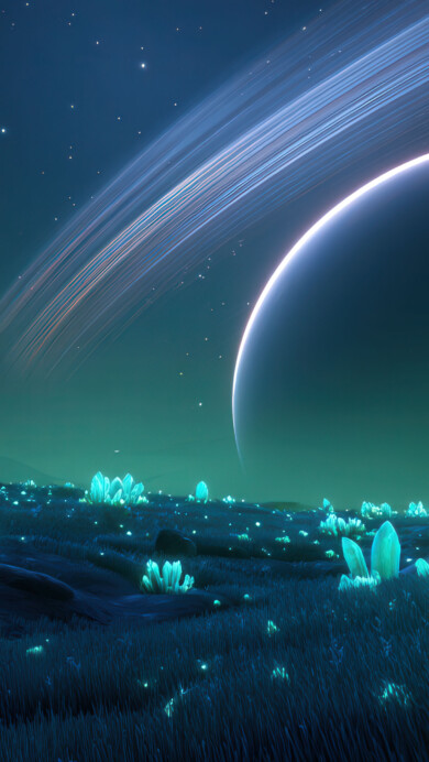 An enchanting sci-fi wallpaper depicting an alien crystal meadow at night. The rolling landscape glows with clusters of brilliant, cyan-colored crystals that cast a cool, bioluminescent light on the ground and surrounding palm-like trees.