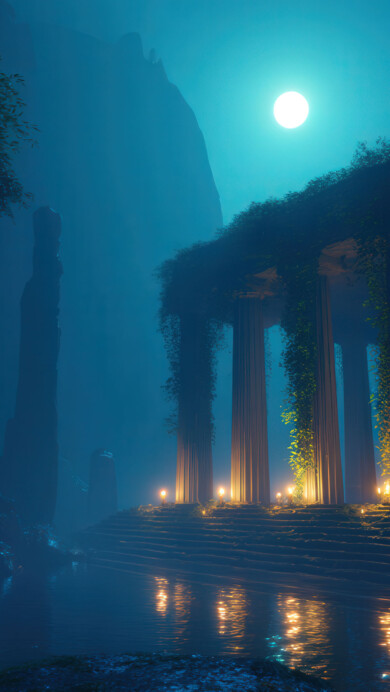 A mystical 4K wallpaper featuring an ancient classical temple ruin, overgrown with vines, sitting on steps leading into calm water under a bright full moon and hazy blue night sky. Golden lights illuminate the steps and columns, casting warm reflections on the water and creating an ethereal contrast with the cool blue moonlight and mist.