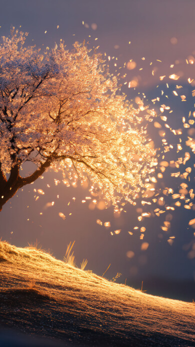 A breathtaking wallpaper of a lone tree on a grassy hill, captured at a golden hour sunset. The warm, low light illuminates the tree, making its frosted blossoms glow beautifully. A gentle wind lifts the luminous petals, creating a sparkling trail that blows across the scene towards the soft, hazy mountains in the background, evoking a serene and magical feeling.
