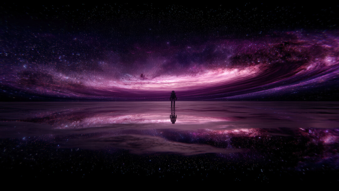 A breathtaking 4K wallpaper featuring a lone astronaut standing on the glassy surface of a cosmic ocean. A magnificent purple galaxy and swirling nebula dominate the sky, their brilliant light and countless stars creating a stunning reflection on the water below in this surreal celestial landscape.