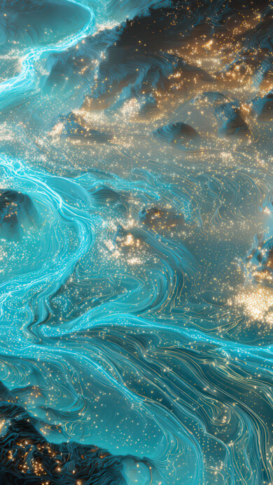A vibrant 4K wallpaper showcasing a luminous blue river flowing through a dark, abstract landscape detailed with golden light particles. The brilliant turquoise current sparkles and swirls, creating a striking contrast with the surrounding textured terrain and scattered points of warm, glowing light.