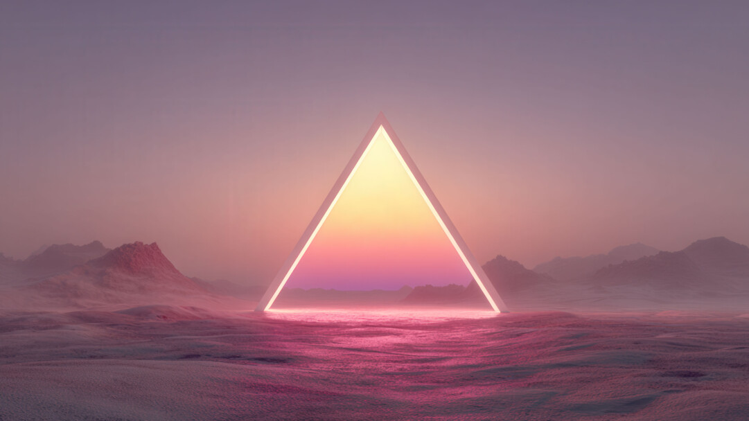 A mystical 4K wallpaper featuring a large, glowing triangular structure centered in a surreal pink desert landscape with distant mountains. Inside the triangle, a radiant gradient of warm light transitions from yellow to purple, casting an ethereal pink glow across the textured ground and sky.