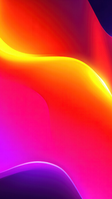 A dynamic abstract wallpaper featuring vibrant, flowing waves of color that overlap and intertwine. These soft, liquid forms billow across the screen in a stunning gradient of fiery orange and hot pink, with edges that glow with a luminous yellow and neon purple.