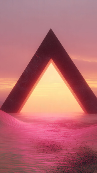 An ethereal 4K wallpaper displaying a massive triangular structure glowing in a vast desert landscape. The intense golden light pouring from within creates a vibrant pink reflection that stretches across the foreground, defining the scene's mystical atmosphere.