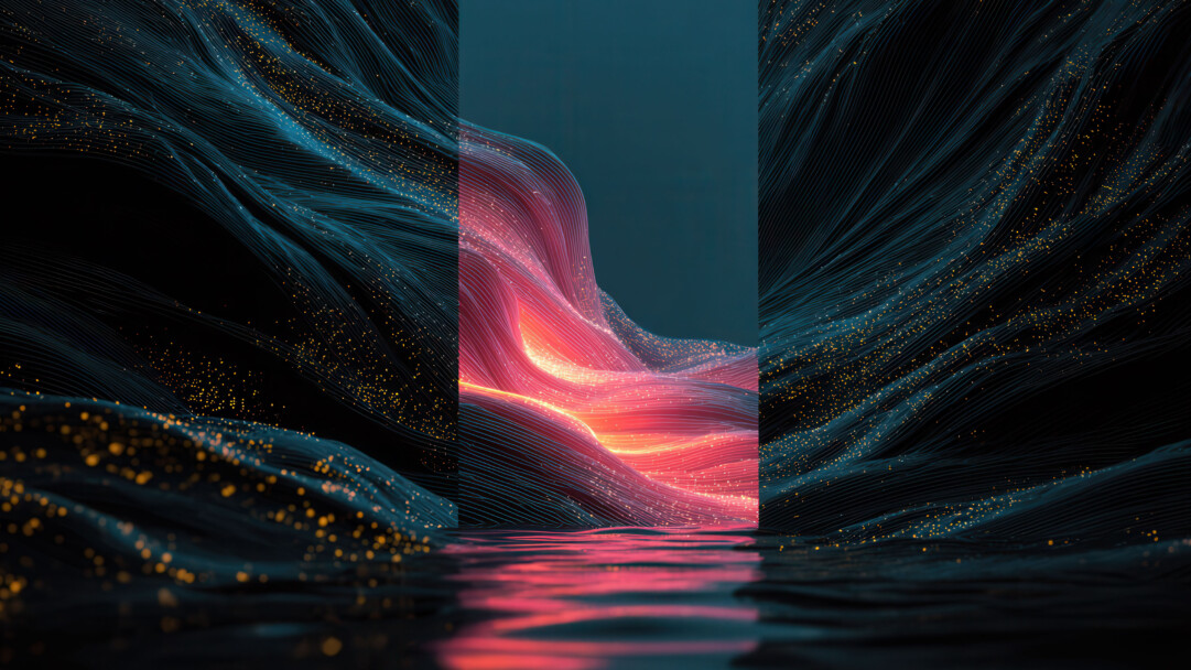 A mesmerizing 4K wallpaper presents abstract glowing waves of deep blue and vibrant pink, scattered with golden particles, over a dark, reflective surface. The intense central pink glow creates a dynamic contrast against the cool tones, mirrored perfectly below to enhance the ethereal atmosphere.