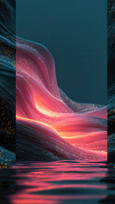 A mesmerizing 4K wallpaper presents abstract glowing waves of deep blue and vibrant pink, scattered with golden particles, over a dark, reflective surface. The intense central pink glow creates a dynamic contrast against the cool tones, mirrored perfectly below to enhance the ethereal atmosphere.