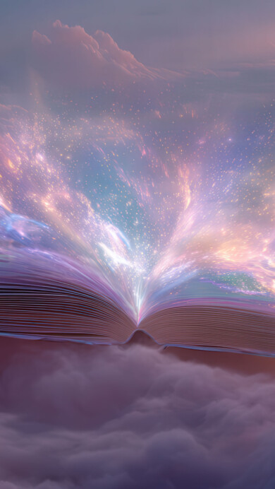 A magical 4K wallpaper of an open book floating amidst soft, dreamy pink and purple clouds high above the earth. Brilliant light and shimmering sparks erupt from the book's pages, casting a vibrant, ethereal glow across the mystical sky.