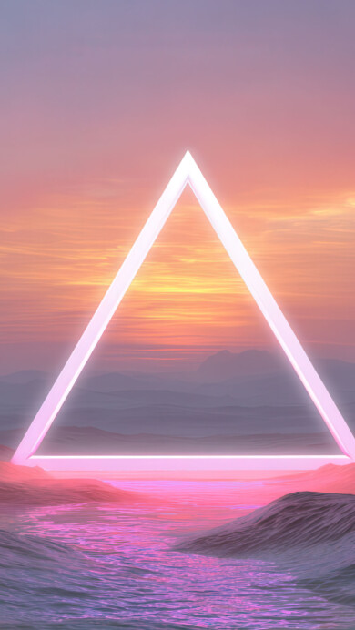 A vibrant 4K wallpaper showcasing a large, glowing neon triangle centered in an abstract landscape of textured waves and distant peaks under a gradient sky. The intense light of the triangle reflects vividly on the rippling surface, creating a surreal atmosphere against the warm hues of dawn or dusk.