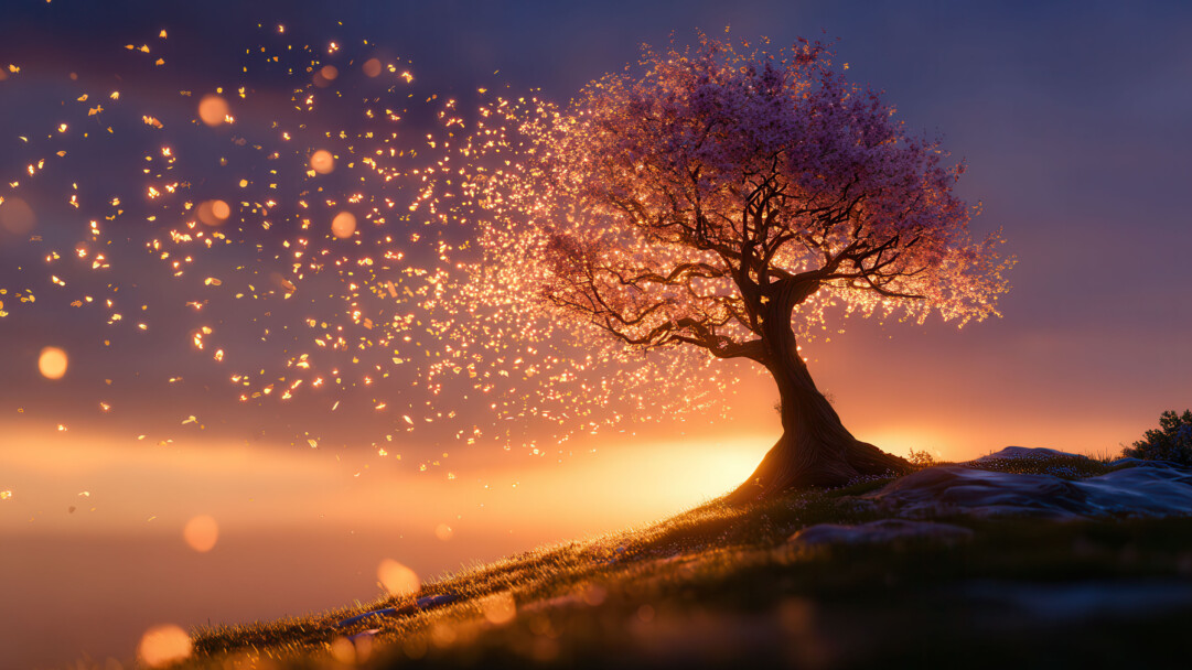 A magical 4K wallpaper of a cherry blossom tree on a grassy hill at sunset. Golden, glowing petals scatter from the branches, illuminated by the warm light against a twilight sky.