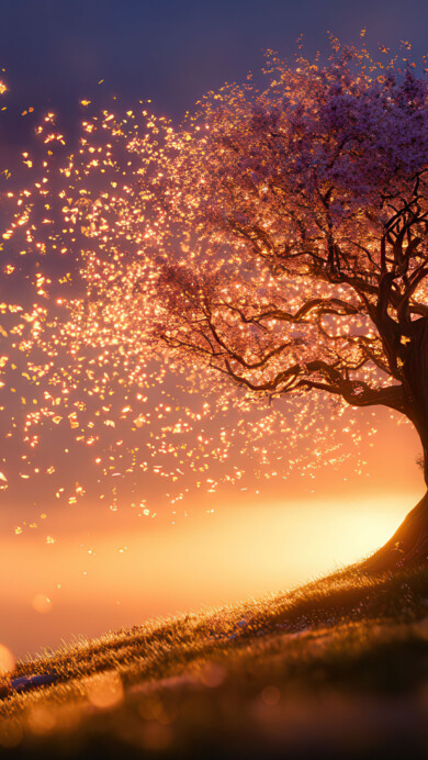 A magical 4K wallpaper of a cherry blossom tree on a grassy hill at sunset. Golden, glowing petals scatter from the branches, illuminated by the warm light against a twilight sky.
