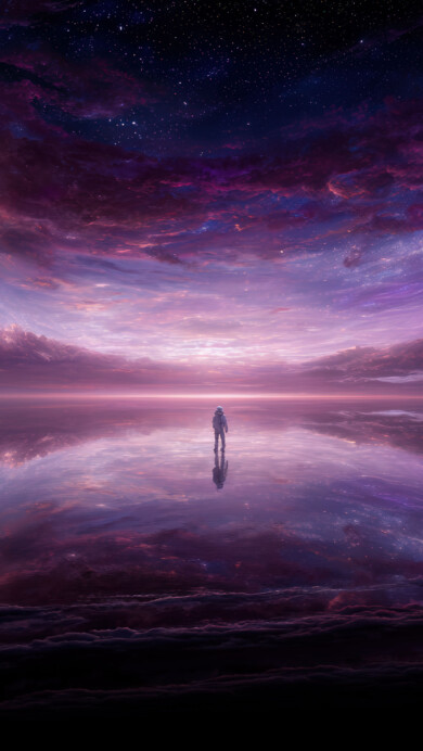 Lone Figure Under Purple Cosmic Sky Reflection