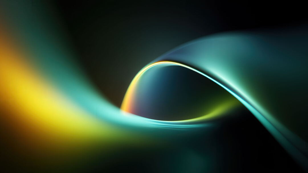 A vibrant abstract wallpaper featuring a soft, luminous wave twisting gracefully against a dark background. A beautiful color gradient flows along the smooth curve, transitioning from a warm yellow glow to cool teal, creating a dynamic and elegant light form.