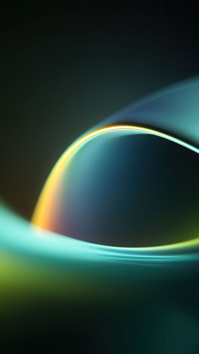 A vibrant abstract wallpaper featuring a soft, luminous wave twisting gracefully against a dark background. A beautiful color gradient flows along the smooth curve, transitioning from a warm yellow glow to cool teal, creating a dynamic and elegant light form.