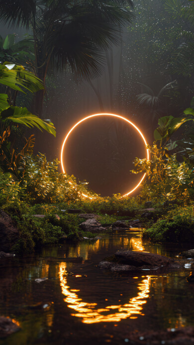 A stunning 4K wallpaper featuring a glowing golden ring suspended in the heart of a lush jungle. Surrounded by dense tropical foliage and misty air, the ring casts a warm, mystical light that reflects off a tranquil stream below, creating a surreal and enchanting atmosphere deep within nature.