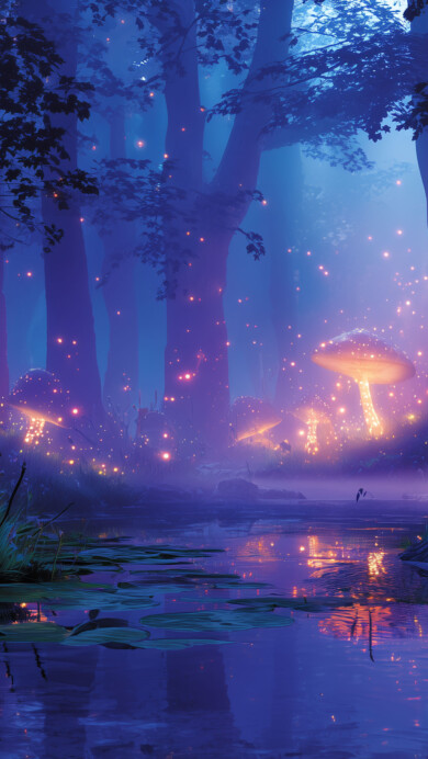 A mystical night forest scene illuminated by an ethereal glow. Luminous mushrooms and sparkling fireflies cast a warm, enchanting light on the trees and the reflective surface of a calm stream.
