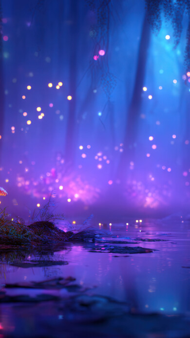 Glowing red-capped mushrooms on a forest floor by water, illuminated by scattered golden and pink fairy lights in a mystical blue and purple setting.