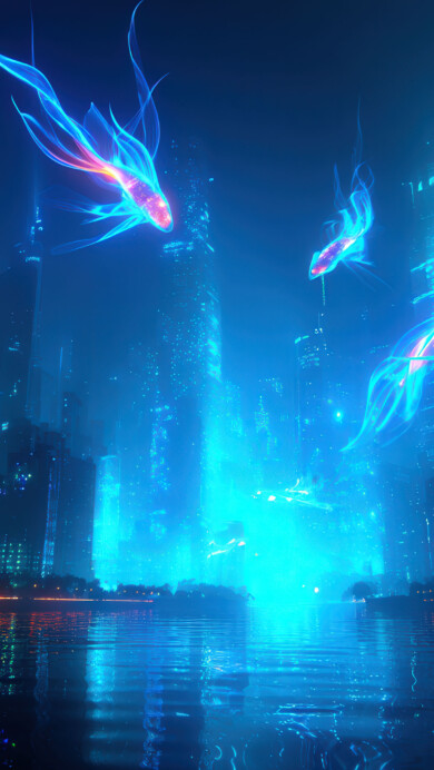 A futuristic cyberpunk city skyline at night, illuminated by vibrant neon lights. Large, luminous fish-like holograms glow in shades of blue and red, soaring above tall buildings reflected in a dark body of water.