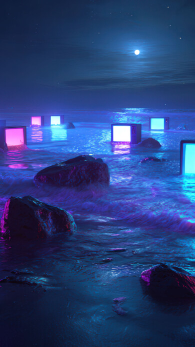 A surreal night scene unfolds by the sea, where glowing neon screens on retro TVs are scattered across the shore among dark, wet rocks. The vibrant pink and blue light from the aesthetic screens casts a surreal, colorful reflection on the gentle ocean waves under a faintly moonlit sky.