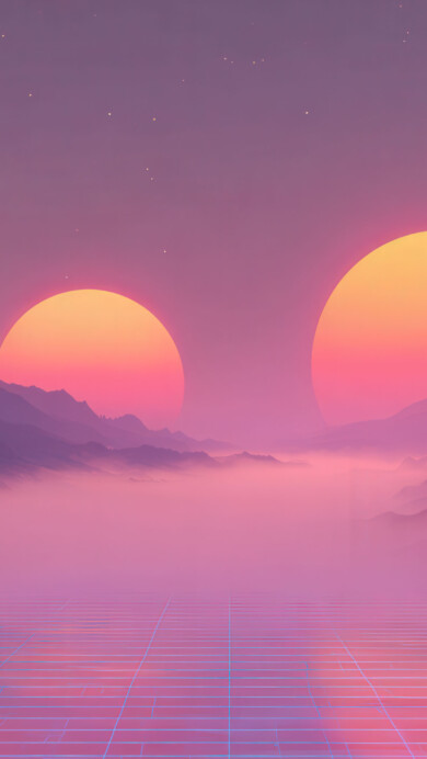 A vibrant 4K wallpaper showcasing a stylized cyber landscape with layered mountains rising from a foggy valley under a starry sky. The scene is bathed in gradient pink and purple hues, with twin suns dominating the sky and a glowing blue grid overlaying the ground and lower peaks.