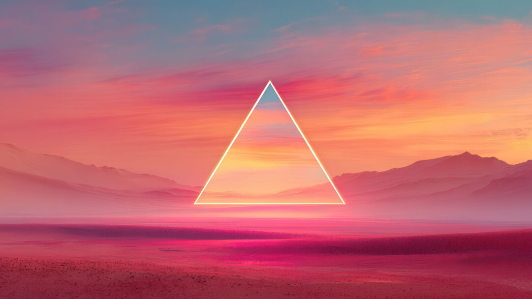 An atmospheric 4K wallpaper featuring a glowing neon triangle centered above a surreal pink desert landscape with distant mountains. The vibrant pink and orange sky and ground dramatically contrast with the bright geometric shape, creating a mystical, otherworldly mood.
