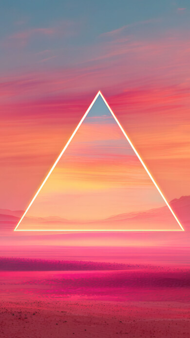 An atmospheric 4K wallpaper featuring a glowing neon triangle centered above a surreal pink desert landscape with distant mountains. The vibrant pink and orange sky and ground dramatically contrast with the bright geometric shape, creating a mystical, otherworldly mood.
