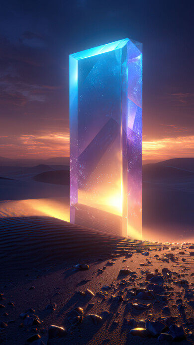 A mesmerizing digital art wallpaper featuring a giant, glowing crystal monolith standing tall in a vast desert landscape at sunset. The luminous monolith radiates with brilliant blue and purple hues, casting a warm, ethereal glow upon the surrounding sand dunes, under a dramatic, colorful sky.