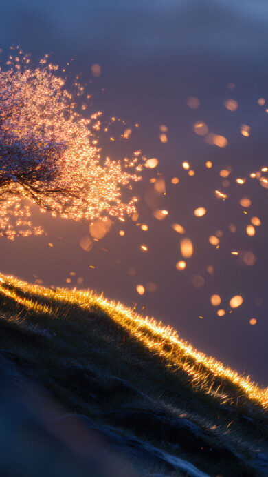A stunning wallpaper where a lone blossom tree stands on a steep hillside at sunset. A strong breeze creates a flurry of windblown petals that dance and sparkle in the warm, golden light of the setting sun.