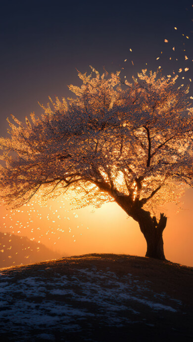 A magical wallpaper of a lone winter blossom tree on a snow-dusted hill, set against a brilliant sunset. The warm, golden light illuminates the delicate blossoms, creating a stunning contrast with the cool snow below.