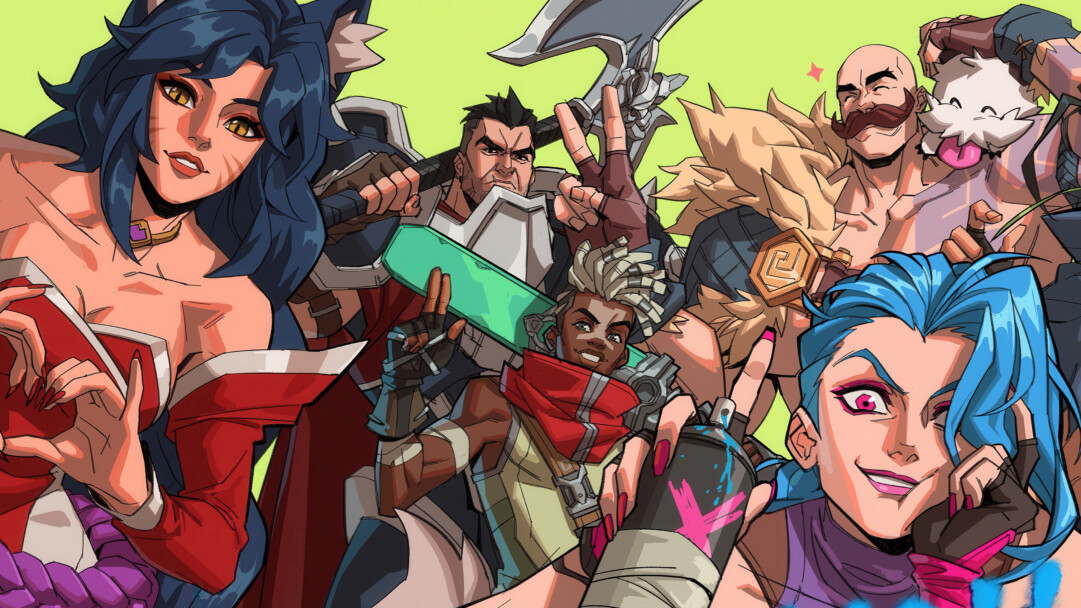 A dynamic 4K wallpaper showcasing a diverse cast of League of Legends characters, namely Ahri, Darius, Ekko, Braum with a Poro, and Jinx, posing together against a striking plain lime-green backdrop. Their expressive faces and varied poses, highlighted by the vibrant color palette, convey a playful and confident group dynamic.