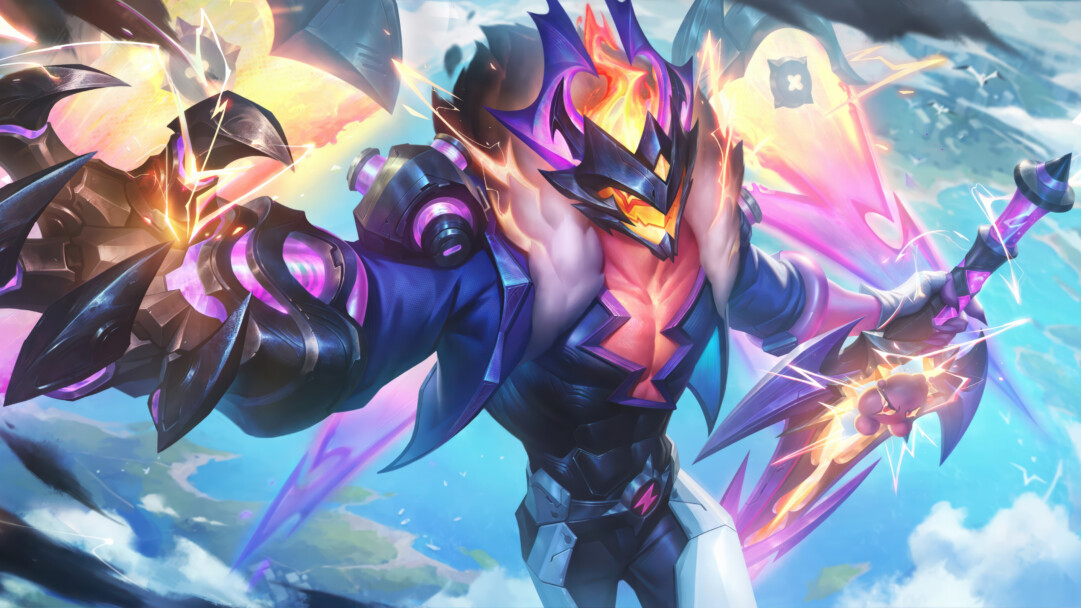 An electrifying 4K wallpaper of the Weather Entity Aatrox, a formidable, armored champion with glowing orange eyes and chest, poised aggressively in a swirling, stylized sky above a distant landscape. His massive, weaponized limbs crackle with vibrant purple and orange energy, contrasting sharply with his dark metallic form and conveying an overwhelming sense of chaotic power.