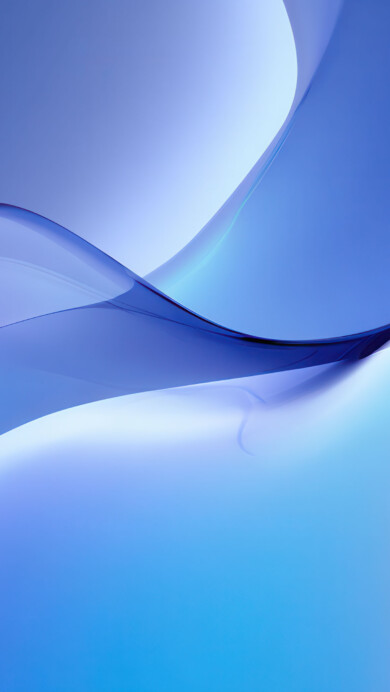 A serene 4K wallpaper displaying smooth, curving forms that resemble gentle waves in a digital landscape. Light beautifully catches the glassy surfaces, highlighting their sleek textures and the subtle color transition from cool blues to a warm, glowing purple on the edge of the frame