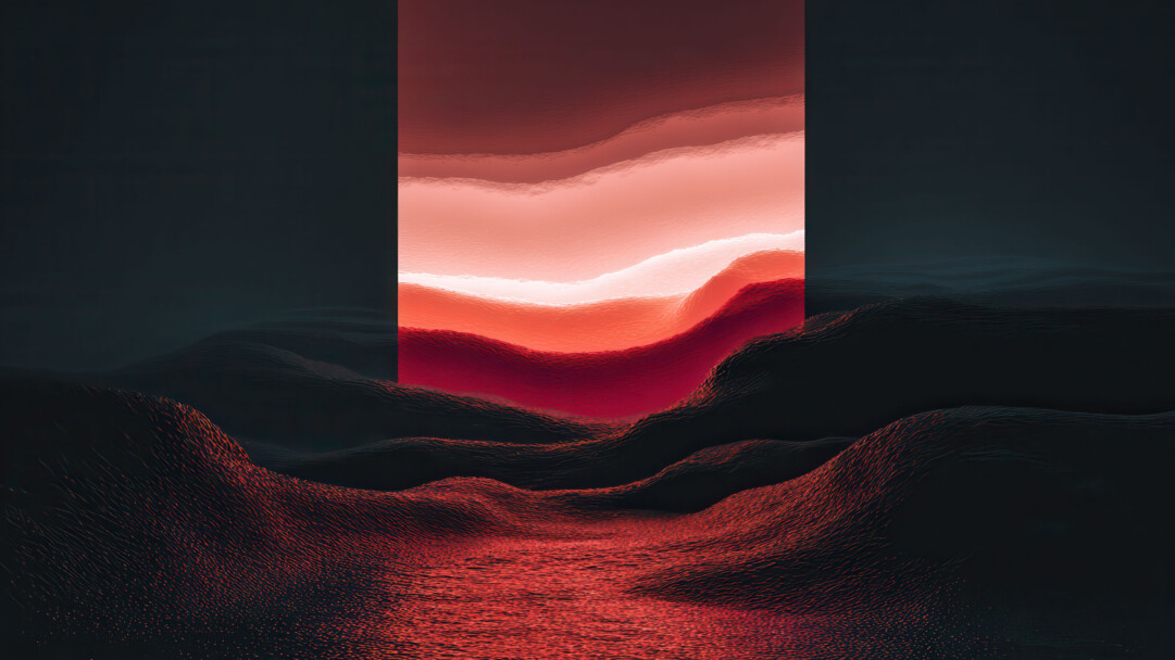 A mystical 4K wallpaper featuring an abstract dark landscape with textured mounds and a bright vertical portal displaying glowing red layers. The dark foreground reflects the vibrant red light in shimmering, wavy lines, creating a surreal and dramatic scene.