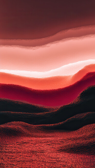A mystical 4K wallpaper featuring an abstract dark landscape with textured mounds and a bright vertical portal displaying glowing red layers. The dark foreground reflects the vibrant red light in shimmering, wavy lines, creating a surreal and dramatic scene.